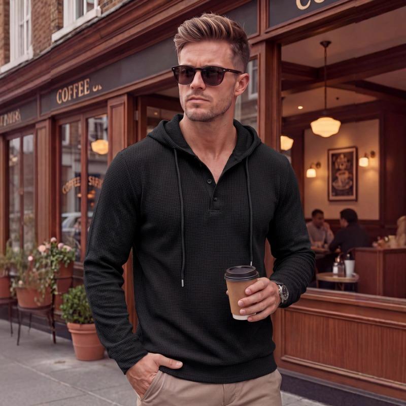 Mens Casual Waffle Knit Henley Hoodie