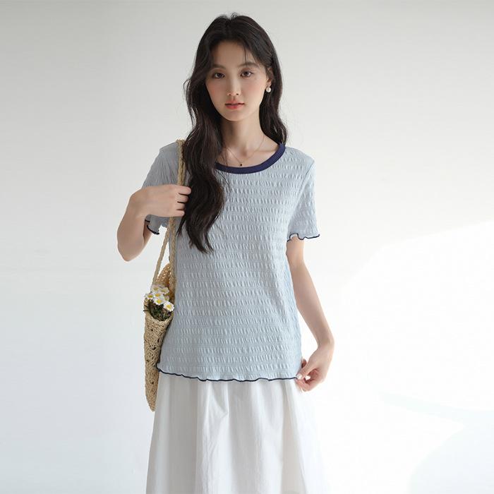 

No price reduction #Korean age reduction summer front shoulder short-sleeved t-shirt women s fungus edge top tide XL світло-синій колір