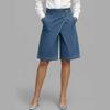Damen Hohe Taille Einzelknopf Wickel Asymmetrisch Denim Weites Bein Bermuda-Shorts