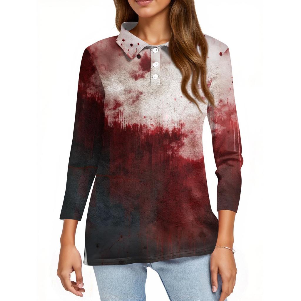 Women's Fashion Casual Lapel Short 3/4 Sleeve Halloween Print Shirt Women's Button Up Tops