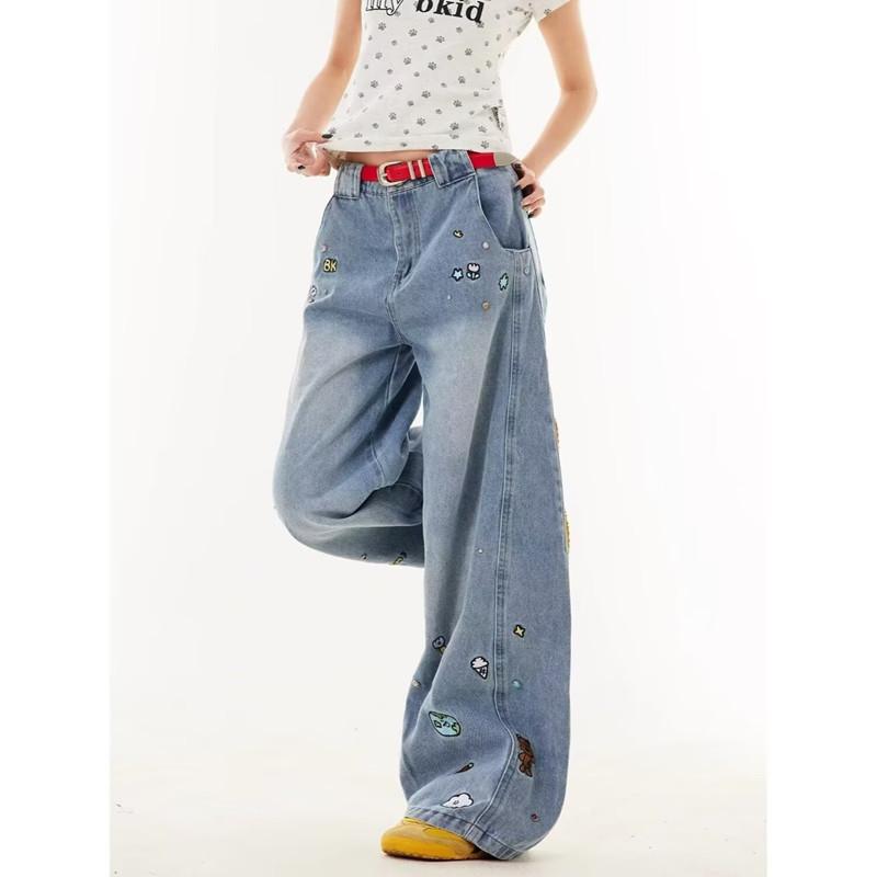 College style American retro cartoon jeans men and women loose couple straight washed wide-leg casual pants men