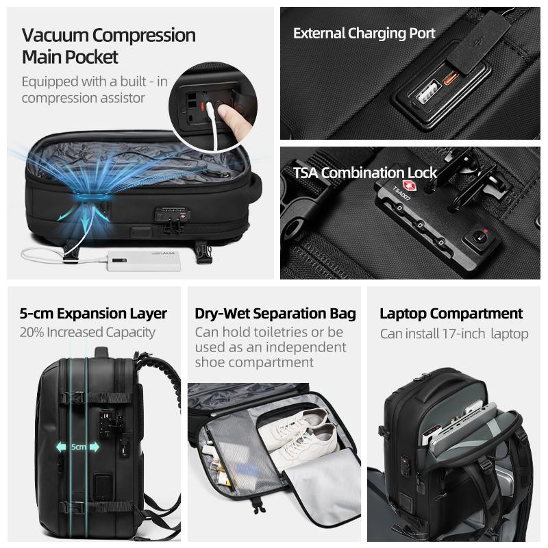 Men Travel Backpack One Click Start Pump Vacuum Compression 17 Inch Laptop Backpack Hiking Business 60L Extended School Backpack