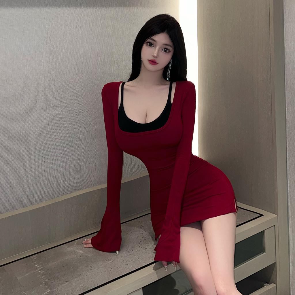 Red long-sleeved t-shirt dress women's spring and autumn high-end sexy temperament waist tight hip-wrapped short skirt