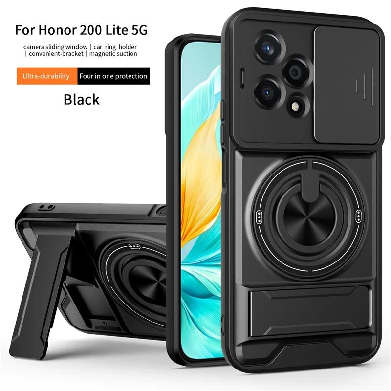 For Honor 200 Lite 5G Case Armor Silicone PC Magnetic Ring Holder Back Cover for Honor200 200Lite Slide Camera Shockproof Funda