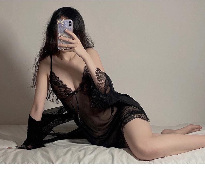 Strappy Lace Nightgown & Tie-Up Robe Set: Tempting Lingerie Homewear for Women