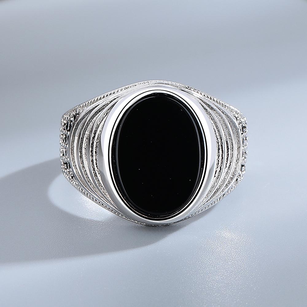Luxury Black Agate Ring for Men Women CopperPlated Engraved Wide Band Fashion Party Jewelry Gift,Retro Engraved Pattern Band