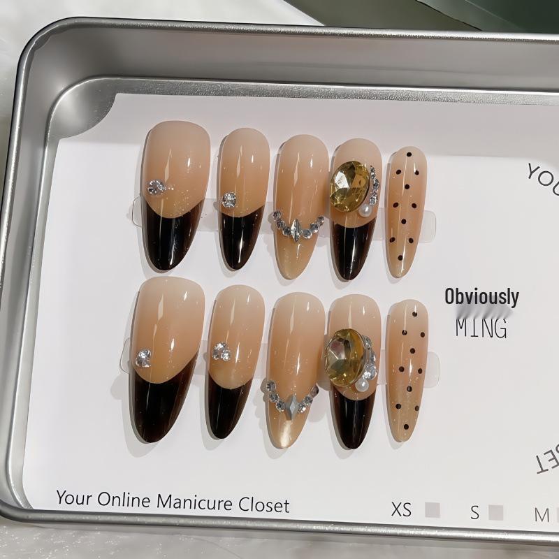 Pure Handmade Polka Dot Champagne Dove Egg Diamond Manicure Set - Wearable, Removable, Whitening False Nails