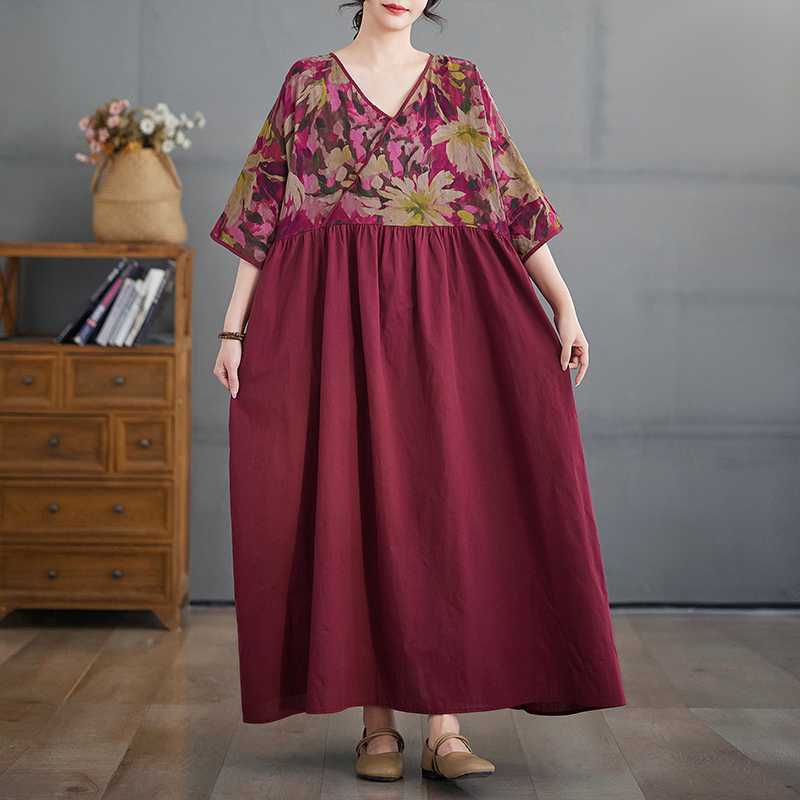 Cotton and Linen Summer Patchwork Retro Style Dress, Plus Size Long Skirt