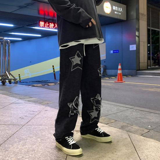 Men Denim Pants Five-pointed Star Pattern Embroidery Loose Wide Leg Streetwear Solid
