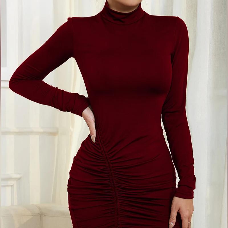 LYRIA Autumn and Winter Basic Mid High Neck Drawstring Dresses Women Simple Daily Commute Short Dresses Elegant Solid Evening Dress