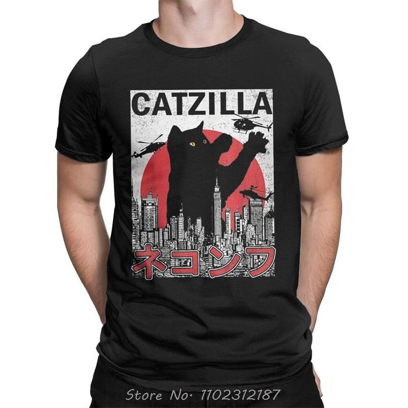 Funny Catzilla Japan Cat Kitten Lover Men T Shirt Male Casual Tees Summer Oversized Tshirt Harajuku Shirt Men Cotton T-shirt