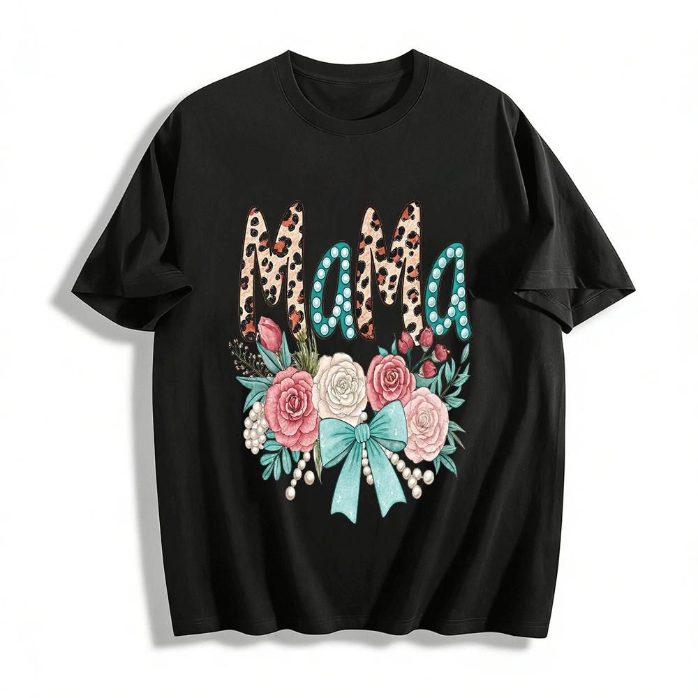 Leopard Print Pearl MAMA Floral Bow Graphic Casual T-Shirt Pure cotton T-shirt XXS