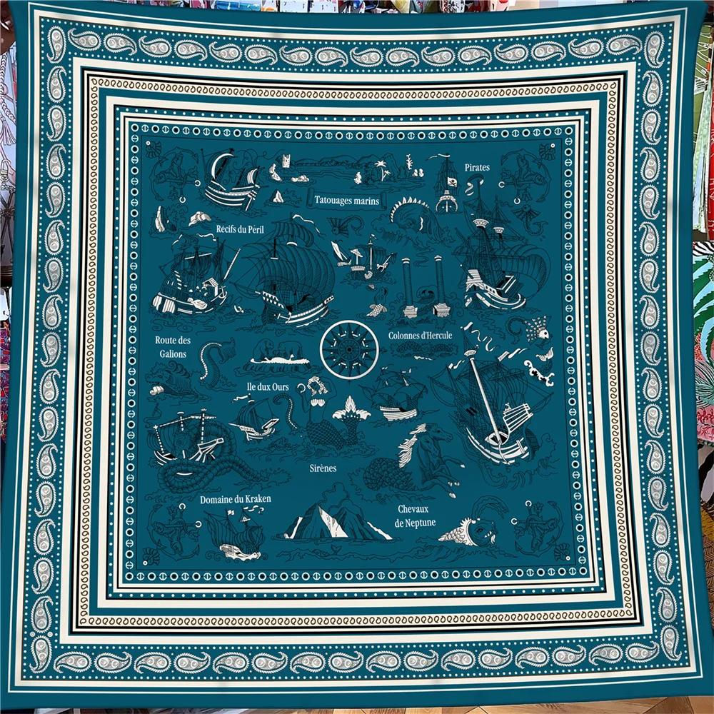 30% Silk 70% Cashmere Scarf Women Hand Rolled Horse Print Square Scarves Wraps Bandana Big Hijabs Female Foulard 135Cm