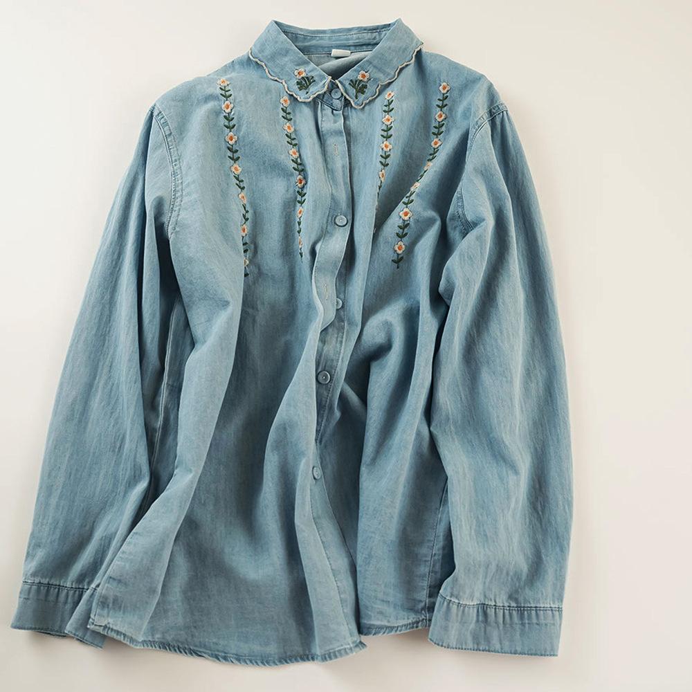 Camicia a maniche lunghe in denim lavato ricamato, cardigan monopetto in denim per donna, primavera e autunno