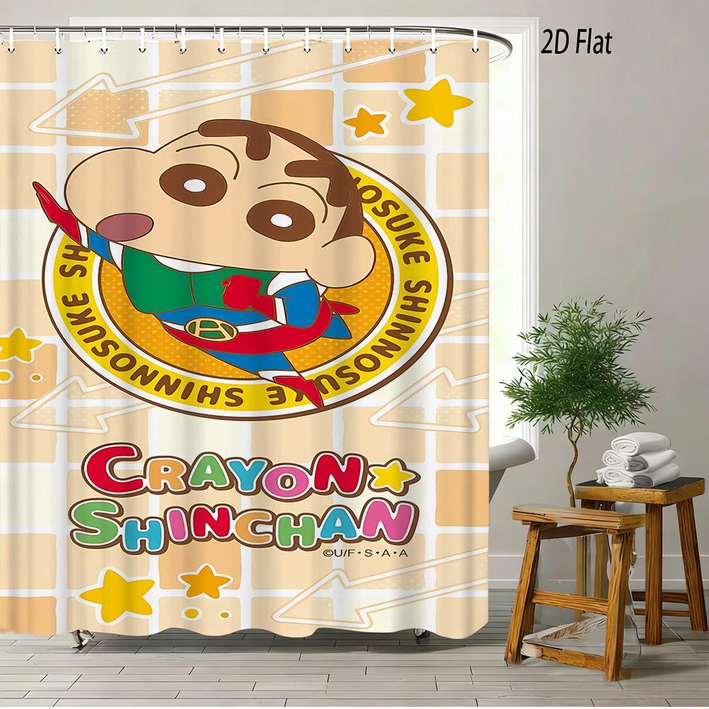 Crayon Shin-Chan & Shiro & Himawari Photo Collage Scene 2D Print Waterproof Shower Curtain, Warm Yellow Checkered With Star Acce