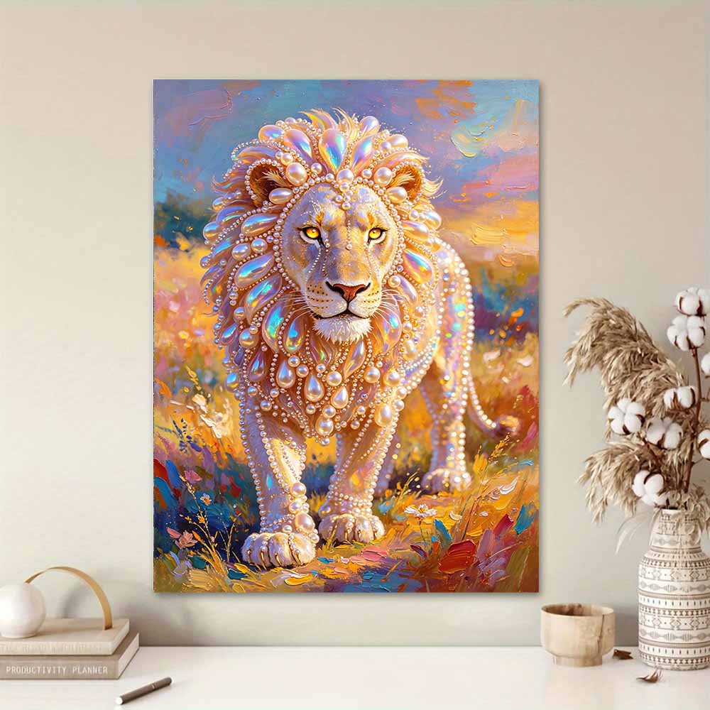 Majestic Lion Pearl Kit 5D Round Rhinestone Art Handmade Wall Picture Elegant Home Decor Present for Daily and Holiday Use