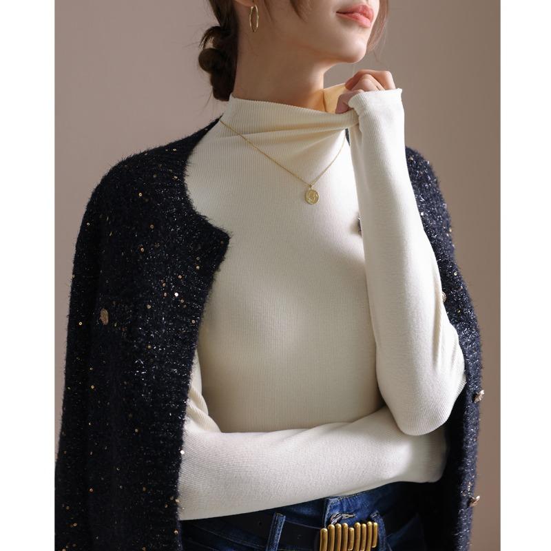 Semi-turtleneck fleece bottoming shirt for women's autumn and winter, new double-sided fleece elastic women's thermal top