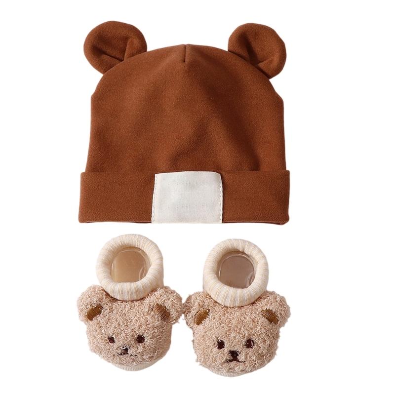 Atmungsaktive Babymütze mit Ohrenmuster und Socken Elastische Baumwoll-Polyester-Mischung Sanft zu empfindlicher Haut Sicherer Sitz für Säuglinge