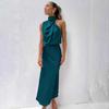 Elegant Women Summer Halter Sleeveless Long A-Line High Waist Solid Color Evening Dresses
