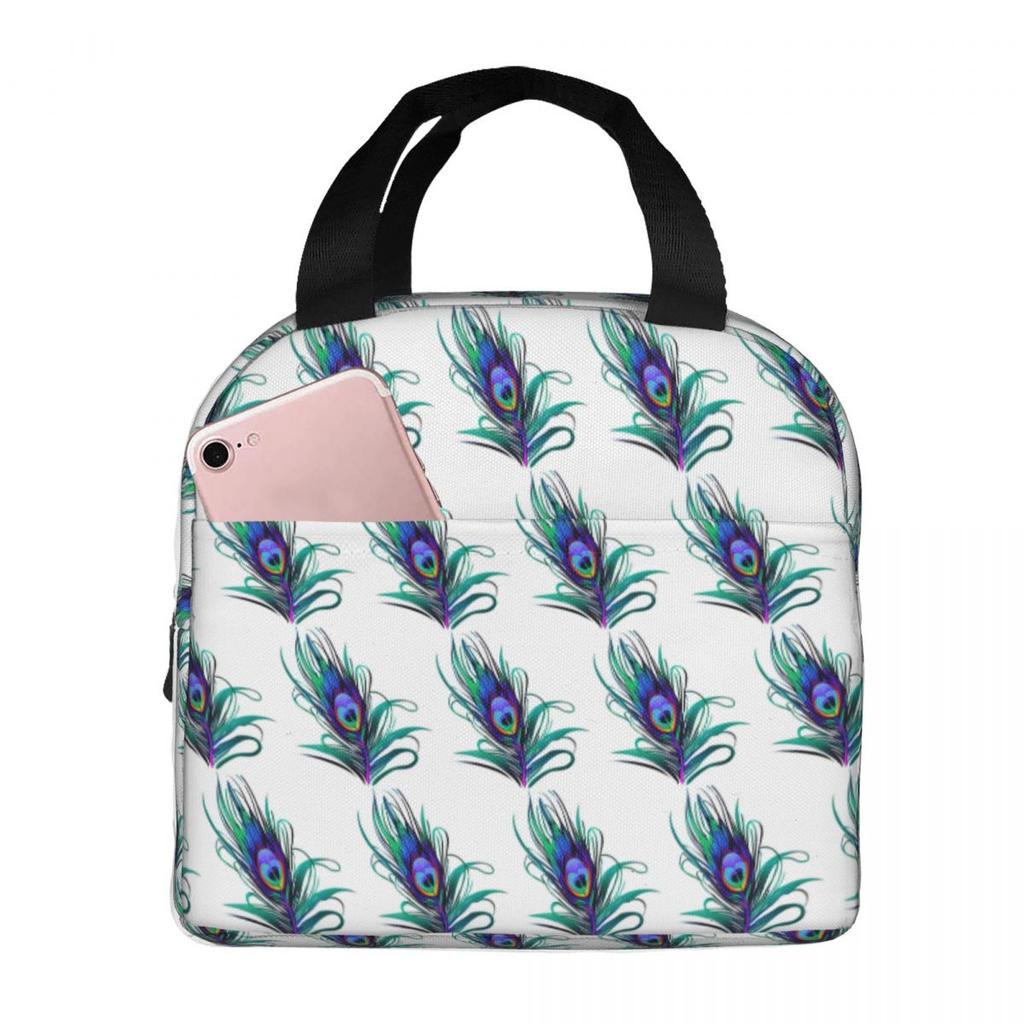 Colorful Peacock Feather Insulated Lunch Bag for Women Children Portable Food Boxes Thermal Lunch Box Tote