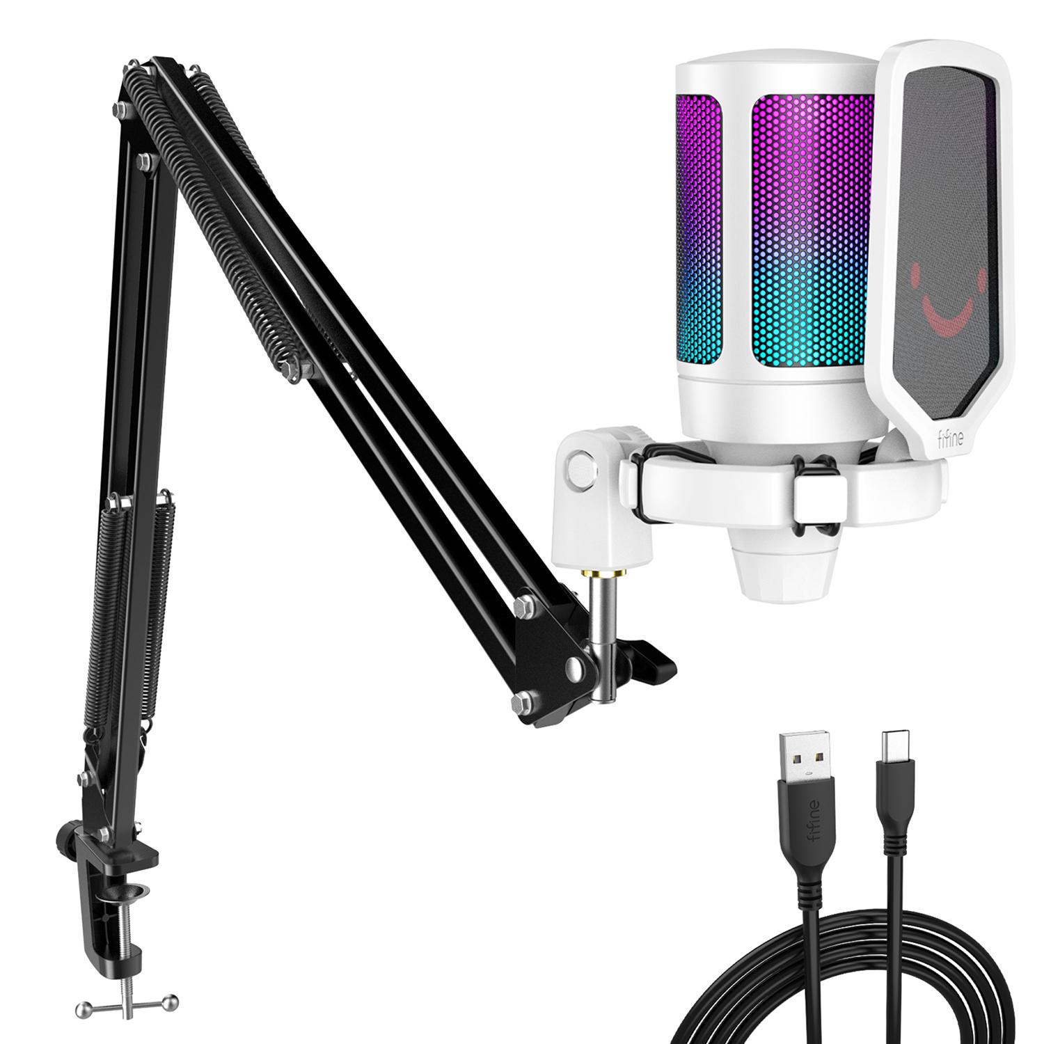 

FIFINE USB Gaming Microphone Kit for PC,PS4/5 Condenser Cardioid Mic Set with Mute Button/RGB /Arm Stand,for Streaming Video-A6T білий