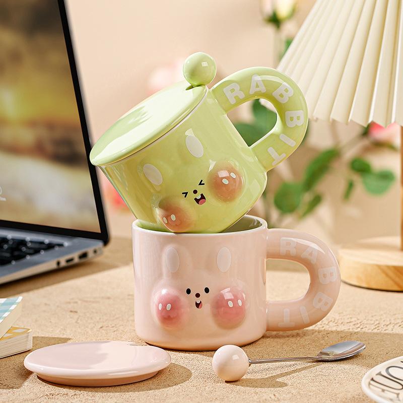 Embossed cute rabbit mug with cover wind niche design sense cute card ceramic cup creative water cup coffee cup household