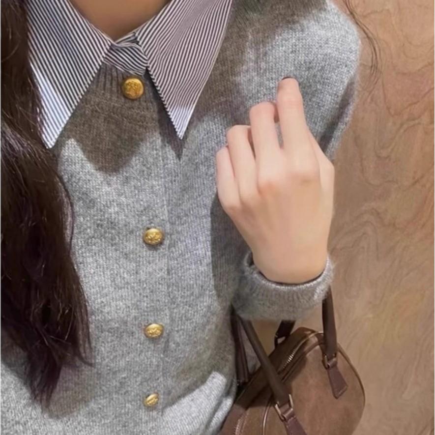 Gray Collared Two-Piece Style Knit Cardigan - Women's Petite Slim Fit Sweater for Spring and Autumn
