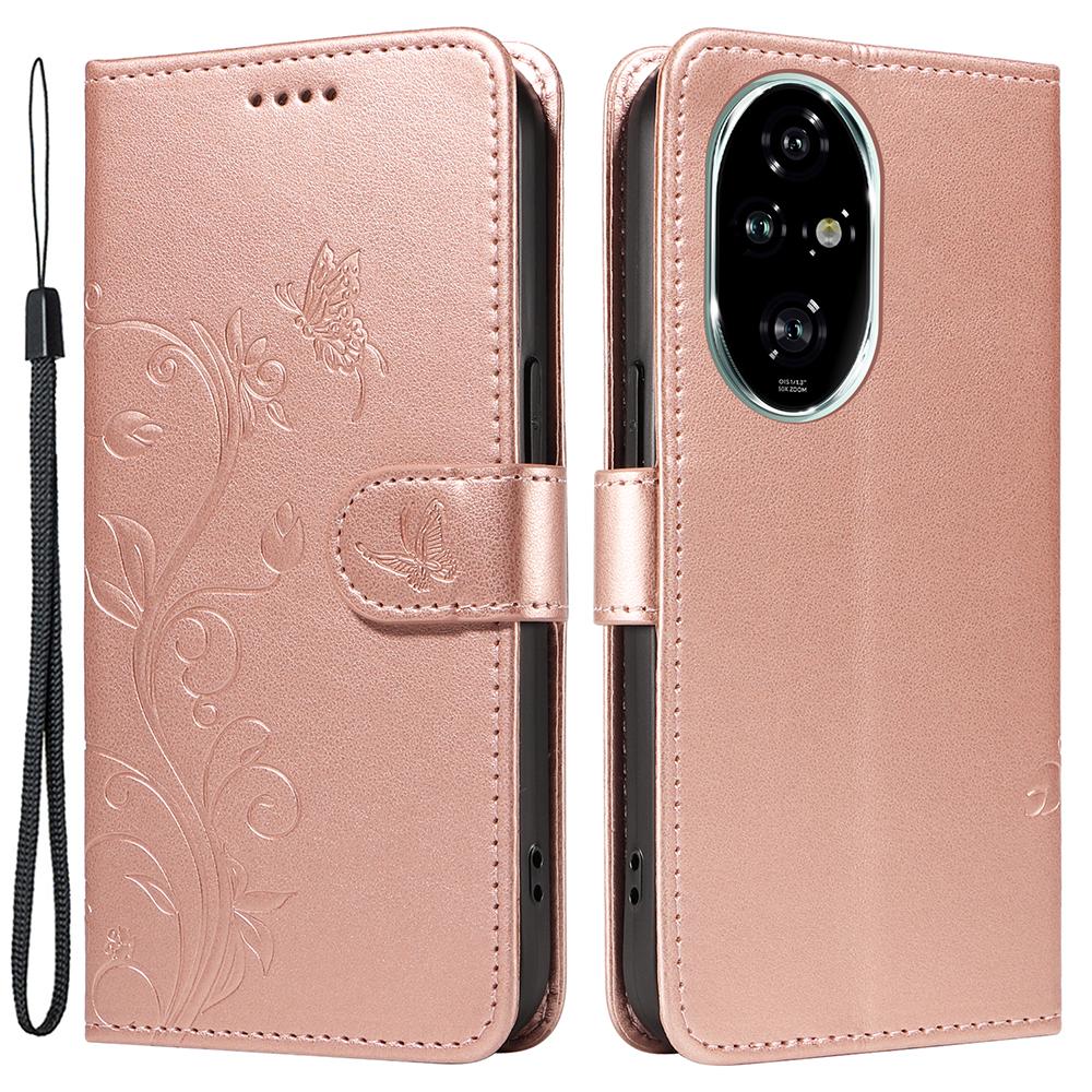 Für Honor 200 Pro 5G PU Lederhüllen Blumenmuster Brieftasche Ständer Handyhülle mit Riemen