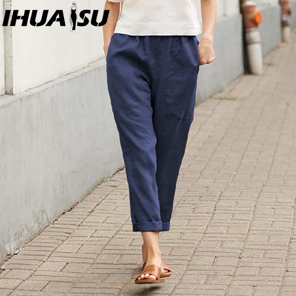 IHUASU Dámské letní jednobarevné kalhoty s dvojitou kapsou volné dlouhé kalhoty dámské bavlněné lněné kalhoty