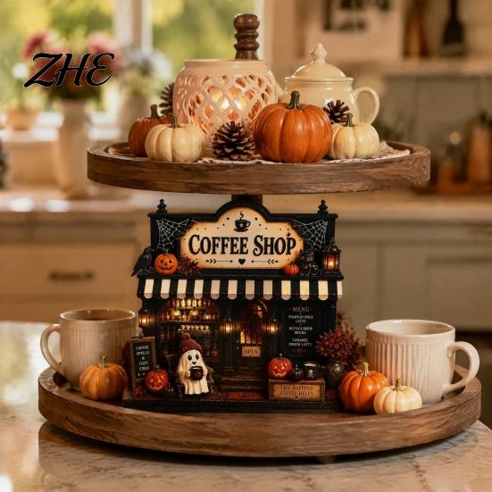 Coffee Lovers Holiday Gifts Wooden Halloween Bar Sign, Fall Harvest Tabletop Decor Plaque with Pumpkin And Ghost Home Cat, Retro Shop Ornament