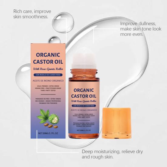 1/2Pcs 50ML Organic Castor Oil with Rose Quartz Roller Travel Nourishing Moisturizing 1.7 Fl Oz Pure Extra Virgin Roll-on Castor Oil