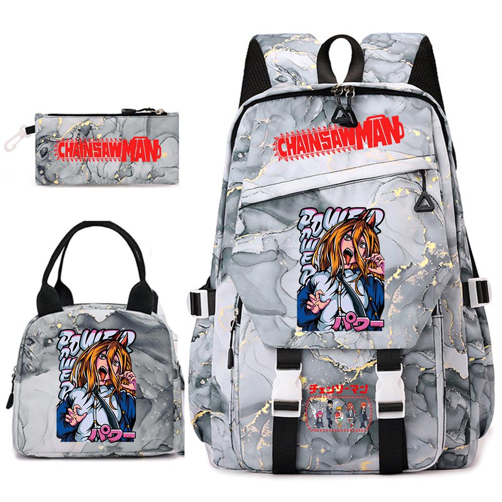 Chainsaw Man Anime Print Student Backpack Set for Girls with Lunch Bag Pencil Case School Daily Use