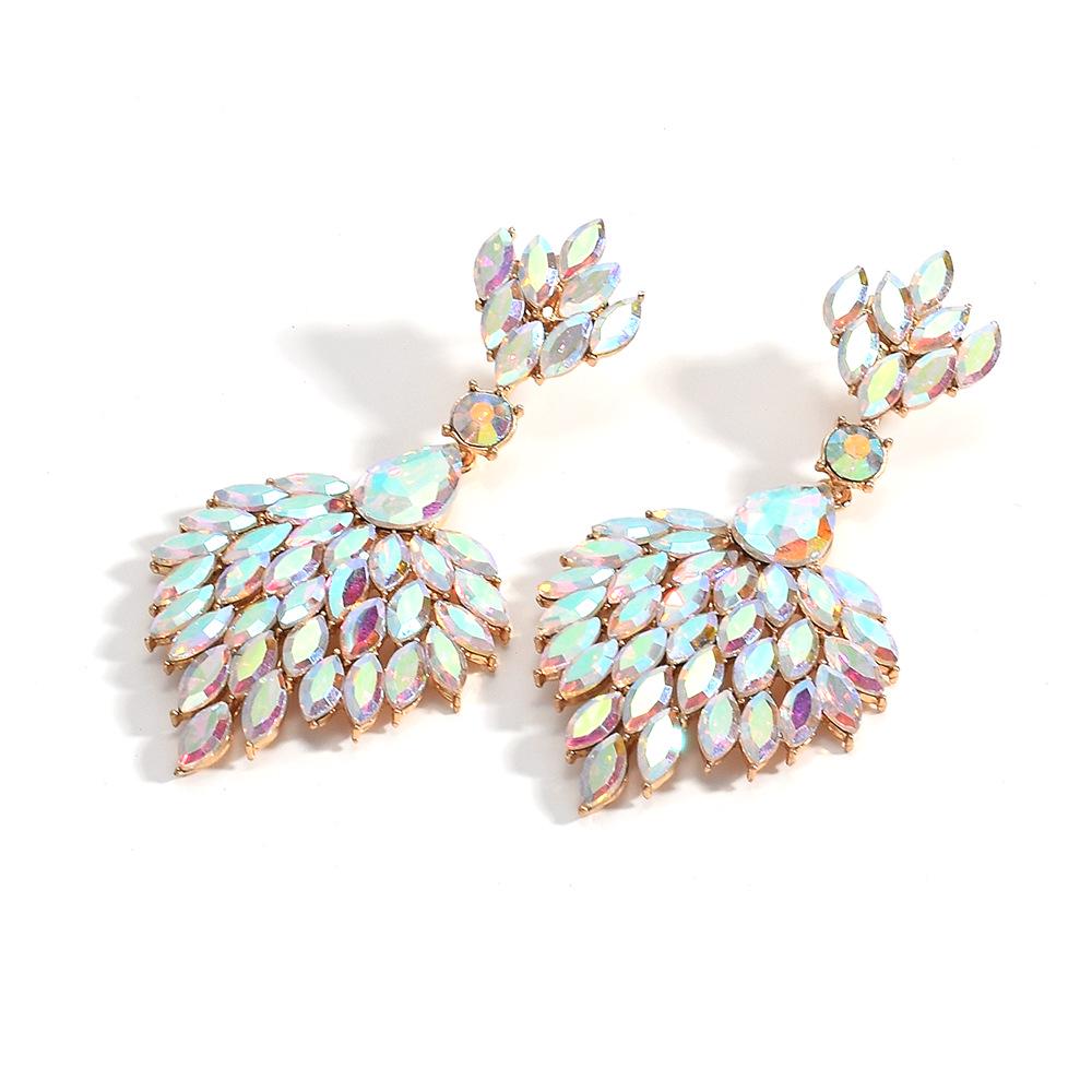 Retro Iridescent Rhinestone Fan-Shaped Dangle Earrings for Dinner Parties