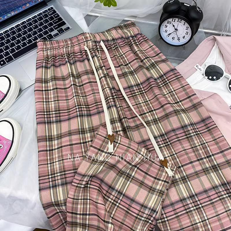 145cm Vintage Pink Plaid Drawstring Wide Leg Pants - Women's Slimming Straight Leg Summer Casual Loose Fit