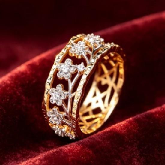 Two-tone Hollow Floral Branch Zircon Ring Forest-style, Artistic, and Vintage Floral Ring with Contrasting Colors and a Wide Band