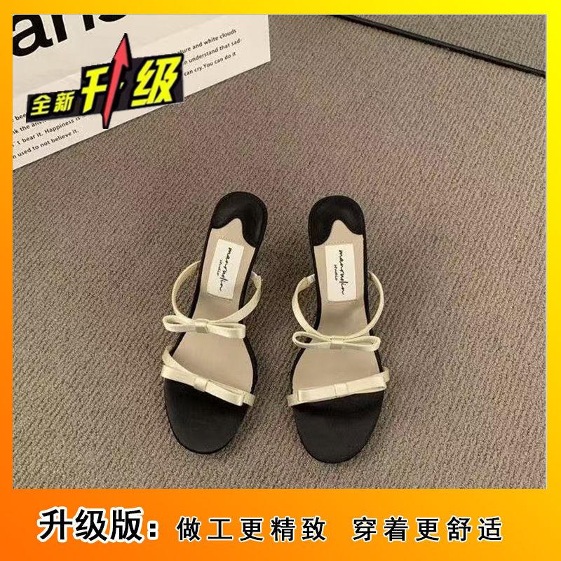 Bow square head open-toed high heels versatile slippers French stiletto strap sandals women's 2025 summer and autumn new models