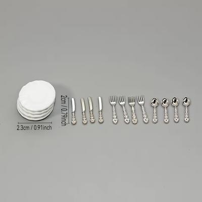 16pcs/4pcs Mini Dollhouse Tableware Set Plate, Simulated Knife/Fork/Spoon,DIY Doll House Decoration Accessories
