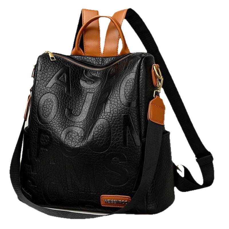 Embossed Letter Convertible Backpack For Women Color Block Casual Commuter Bag чёрный