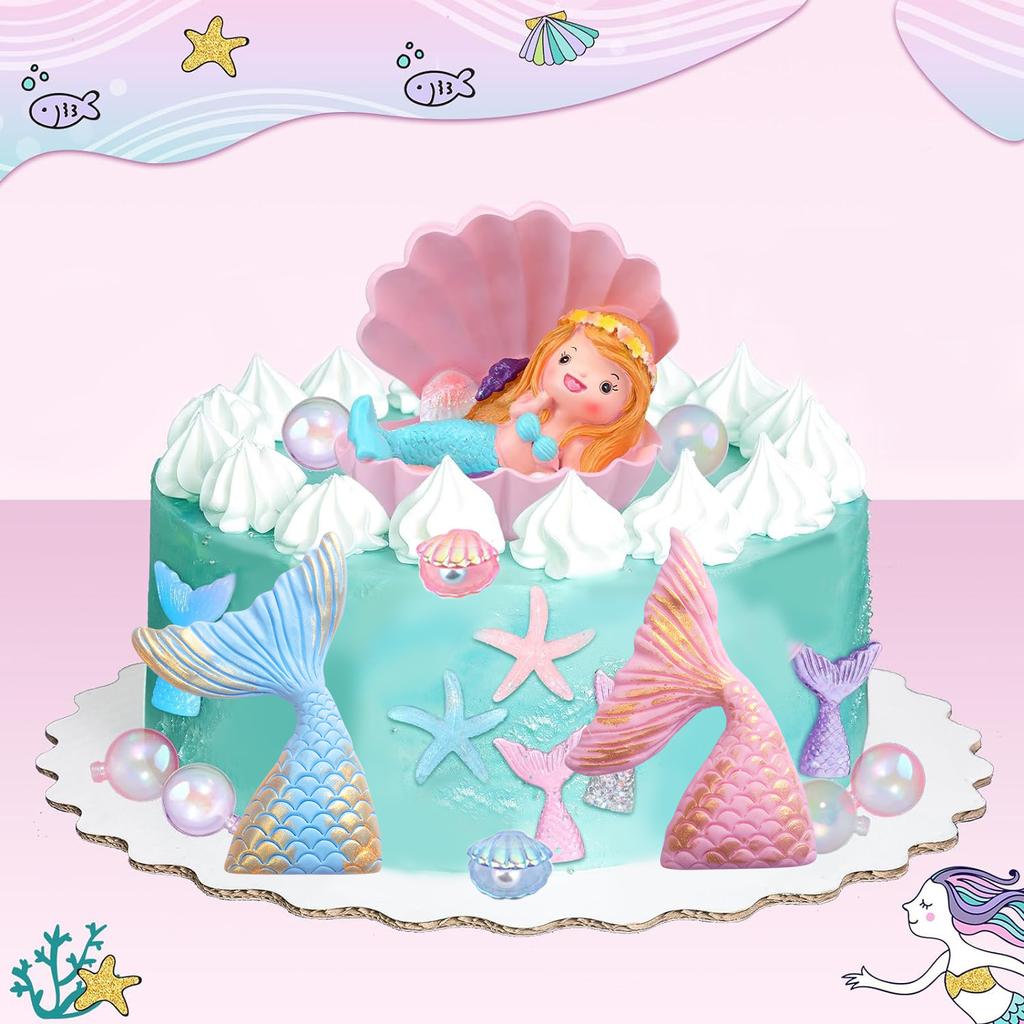 The Sea Cake Toppers Set with Little Resin 3D Mermaid Seaweed Bubble Starfish Shell Mermaid Tail Cupcake Picks