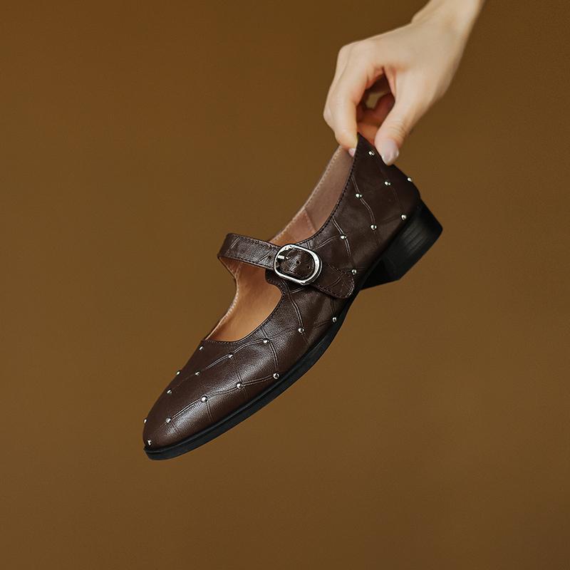 Fashion 2025 New Woman Buckles Spring Pumps Genuine Leather Shoes for Woman Rivets Mary Jane Party Wedding Shoes Woman Dance Pumps