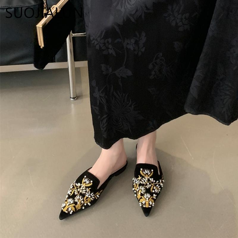 Fashion SUOJIALUN 2024 Autumn New Brand Women Slipper Fashion Pointed Toe Slip On Mules Shoes Soft Flat Heel Outdoor Dress Slides Shoes