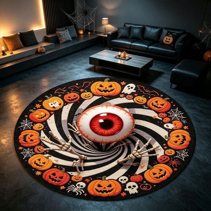 Halloween Round Rug Gear Portal Skull Neon 3D Illusion Non Slip Area Rug Living Room Spooky Decor Elegant Soft Washable