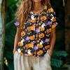 Women's Casual Henley Neck Button Front Shirt Halloween Pumpkin Print Short Sleeve Blouse Lightweight Loose Fit Top