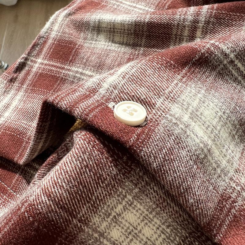 Cămașă de damă retro în carouri periată, stil coreean de toamnă/iarnă, bloc de culoare, cu guler polo larg, top gros casual.