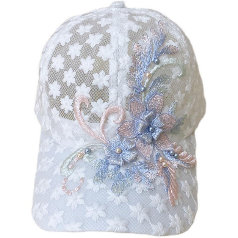 Women's Summer Lace Baseball Cap with Embroidered Floral Mesh - Korean Style Sun Protection Hat