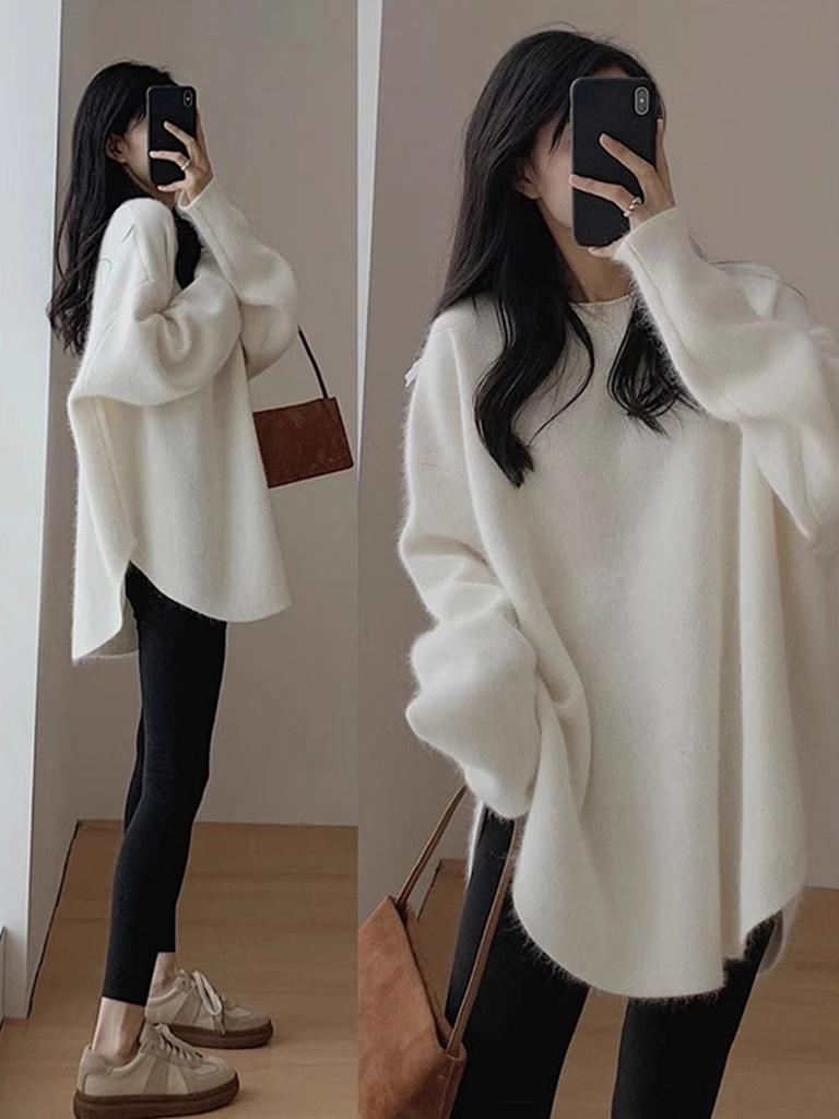 Pink Crewneck Sweater Women's New Fall Outfit Korean Style Atmosphere Aesthetic Top