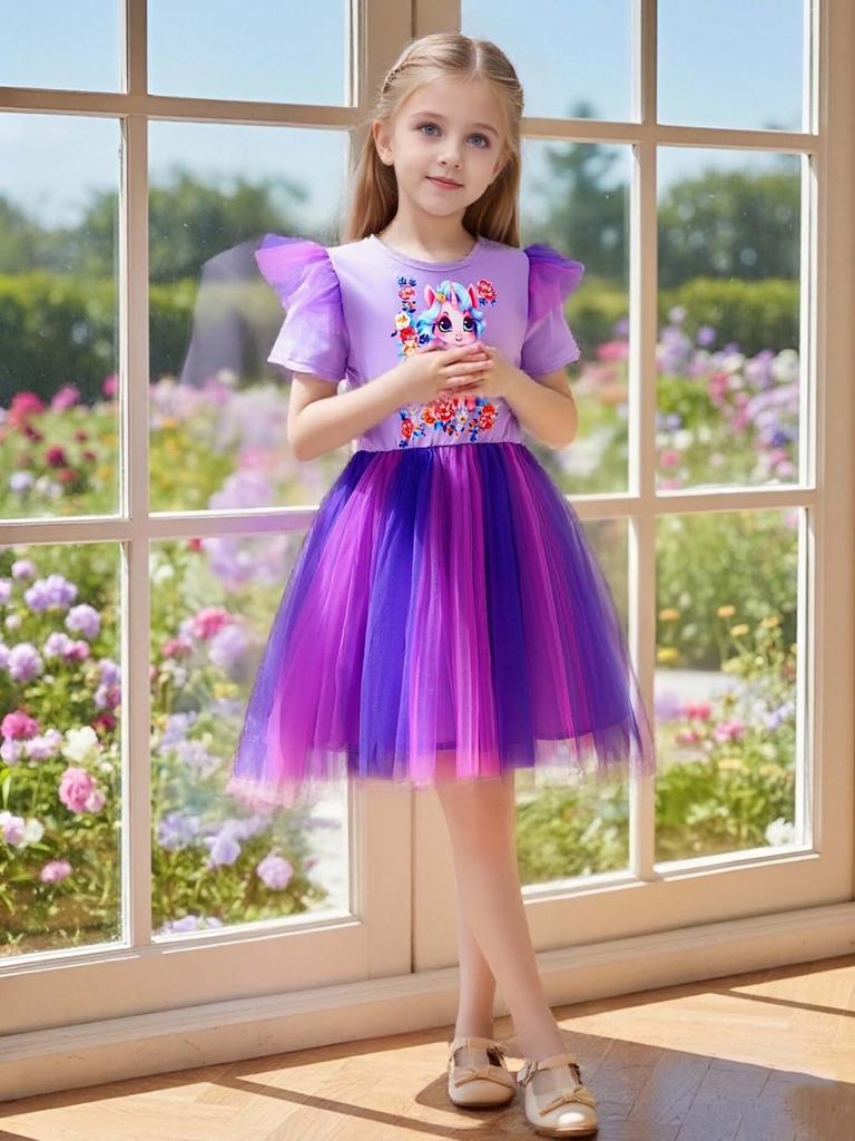 Girls Dress Age 4-7 Years Unicorn Print Summer Dress Kids Princess Tulle Party Dress for Little Girl Birthday Outfit
