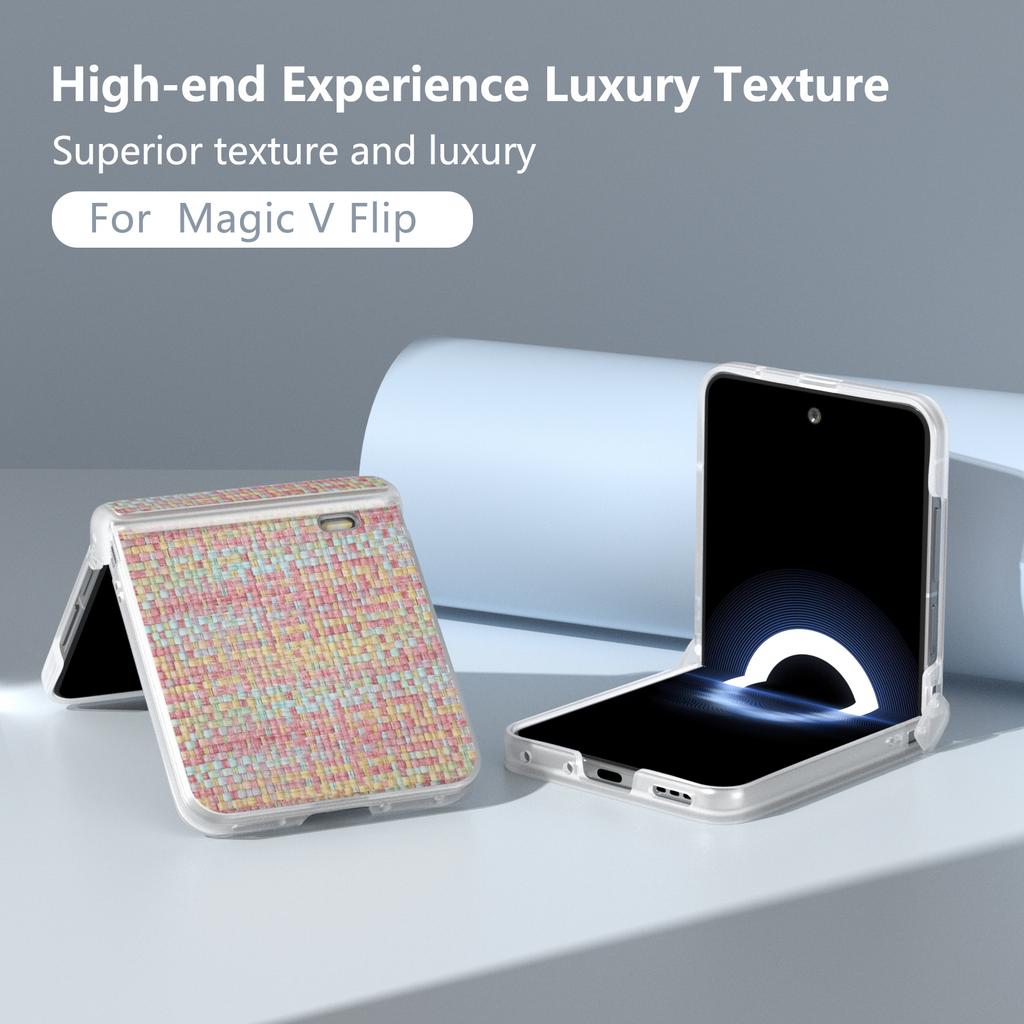 For Honor Magic V Flip 5G Case Matte Edge Plaid Texture Hinge Leather+PC Phone Cover