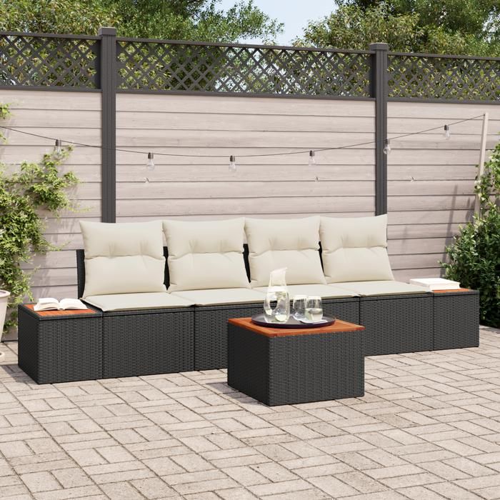 VidaXL Ensemble de canapé de jardin 5 pièces avec coussins noir poly rotin acacia 3348018