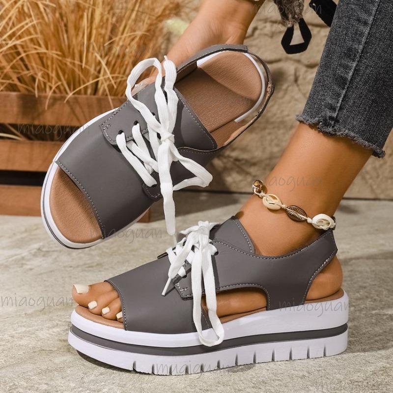 Fashion Thick Bottom Size36-43 Casual Sandals Women Summer Shoes Open Toe Lace-up Beach Wedges Middle Heel Sandales Sandalias Mujer